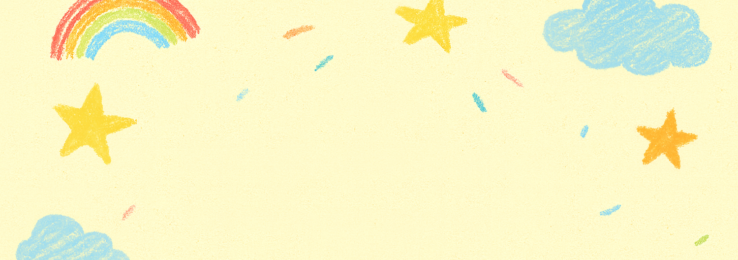 Colorful pattern of rainbows, clouds, stars, and a smiley face on a yellow background