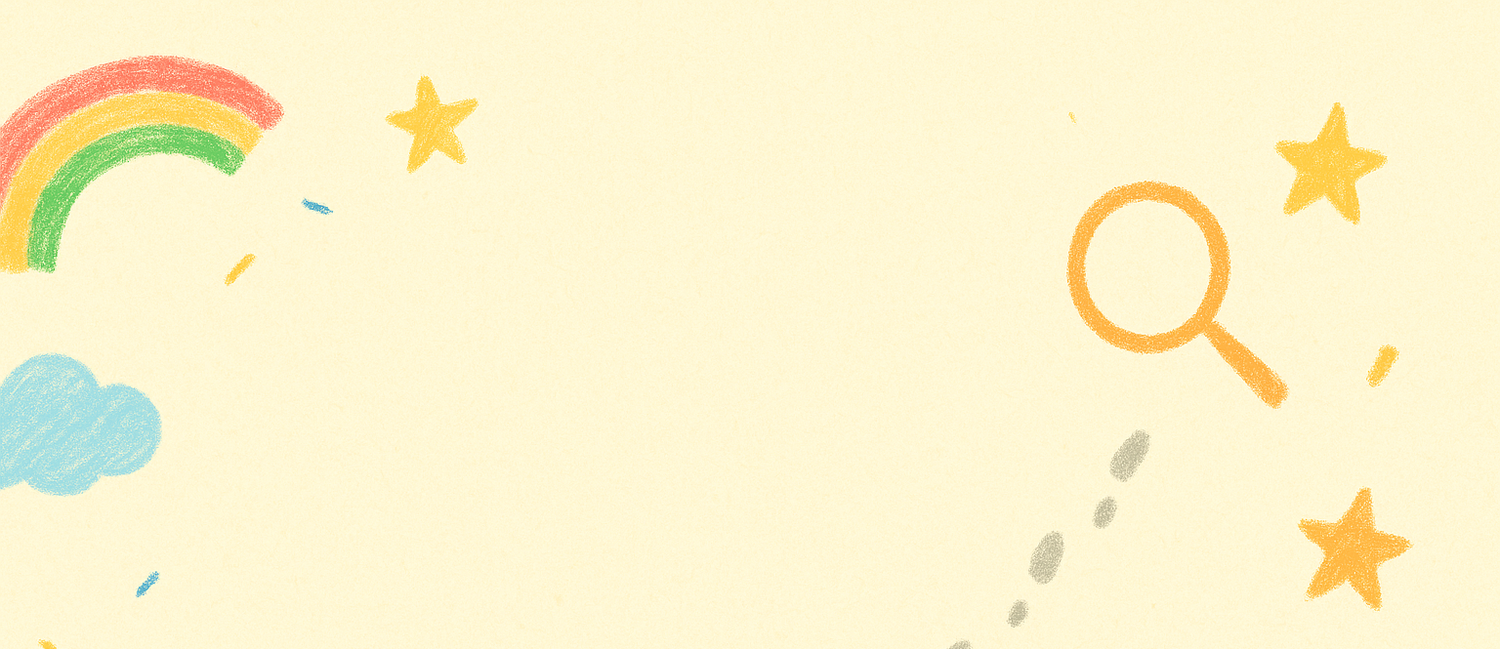Illustrations of a rainbow, cloud, sun, stars, and magnifying glass on a yellow background