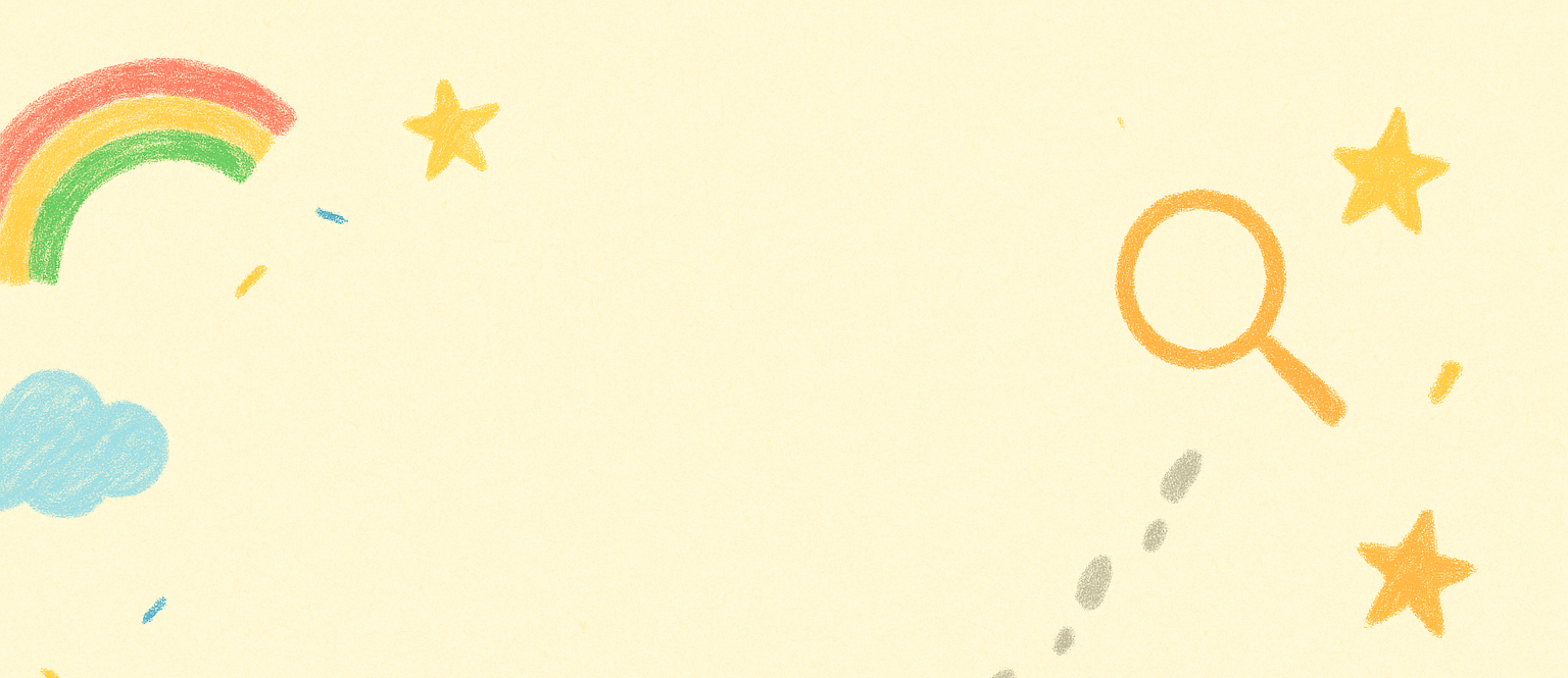 Illustrations of a rainbow, cloud, sun, stars, and magnifying glass on a yellow background